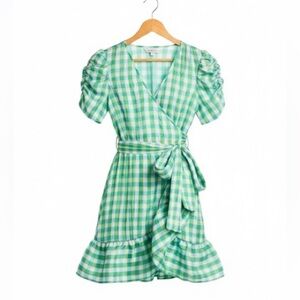 TANYA TAYLOR Natasha Green Gingham Wrap Mini Dress Tie Waist Summer Dress